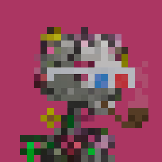 A heavily pixelated image showing a pixel art character on a pink/magenta background, appearing to be a low-resolution or glitched rendering of an anime-style figure.
