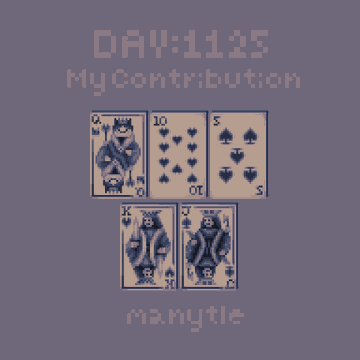 A pixel art graphic with a purple background displaying 'DAY:1125 MyContribution' and 'manytle' along with an arrangement of illustrated playing cards.