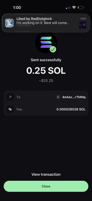 A mobile wallet confirmation screen showing a successful transaction of 0.25 SOL (~$20.25) sent, with a fee of 0.000028038 SOL, and a notification that it was 'Liked by RedDotgclock'.