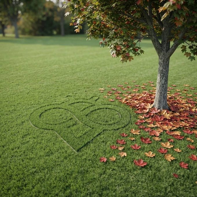A heart with wings and the words 'LOVE YOU' is mown into a lush green lawn beneath a tree scattered with autumn leaves.