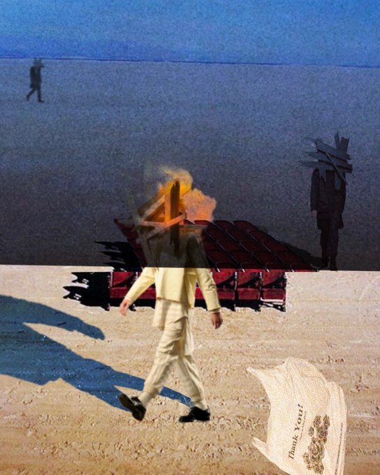 Surrealist artwork featuring a faceless figure in white walking on sand, a burning piano, a distant silhouette, and a crumpled page reading 'Thank You.'