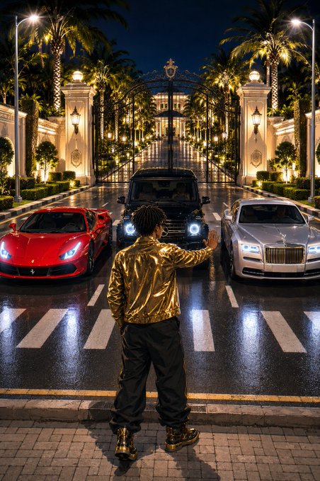 A cinematic nighttime scene of a person in a gold jacket standing in front of a black SUV, flanked by a red Ferrari and a white Rolls-Royce, on a palm-lined driveway leading to a gated mansion.