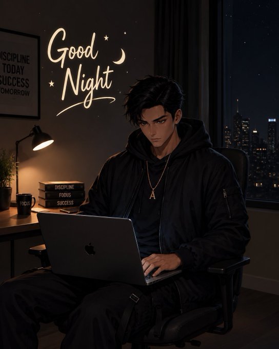 An anime-style illustration depicts a young man with dark hair wearing a black hoodie and gold 'A' necklace, working on a MacBook in a nighttime room setting with 'Good Night' neon-style text and 'Discipline Today Success Tomorrow' book visible.