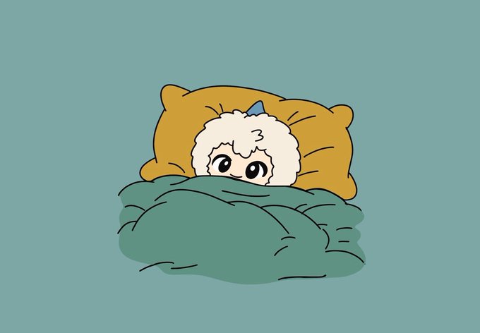 A cute cartoon illustration of a small fluffy white creature with large eyes peeking out from under a green blanket with a yellow pillow, set against a teal background.