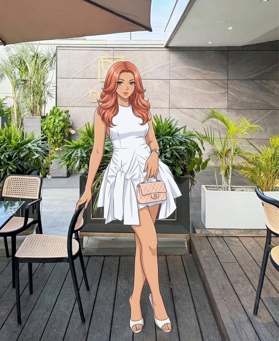 Anime-style illustration of a red-haired woman in a white sleeveless dress holding a beige Chanel handbag on an outdoor patio.