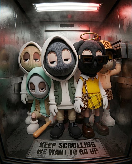 A group of stylized cartoon characters wearing hoodies and sunglasses stand inside a worn elevator with a floor mat reading "KEEP SCROLLING WE WANT TO GO UP".