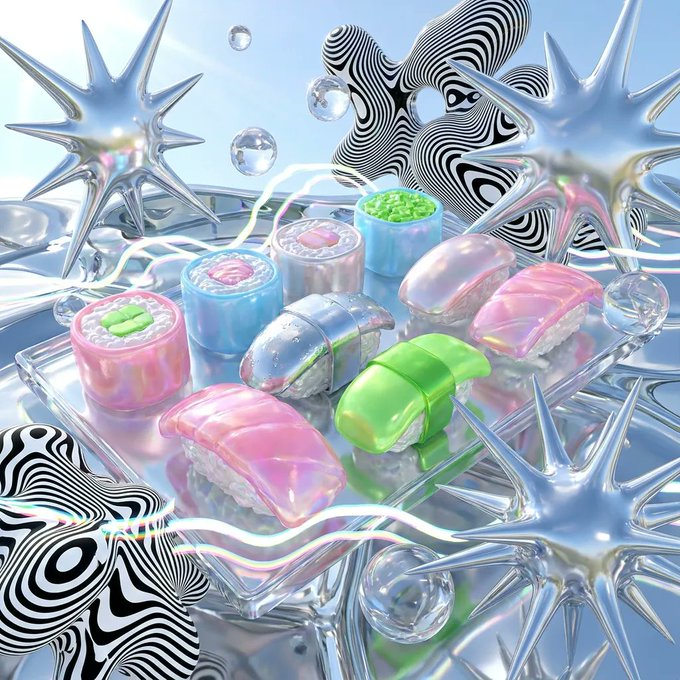 A 3D rendered surreal artwork featuring colorful pastel sushi pieces arranged on a reflective surface with metallic star shapes and black-and-white swirling patterns.
