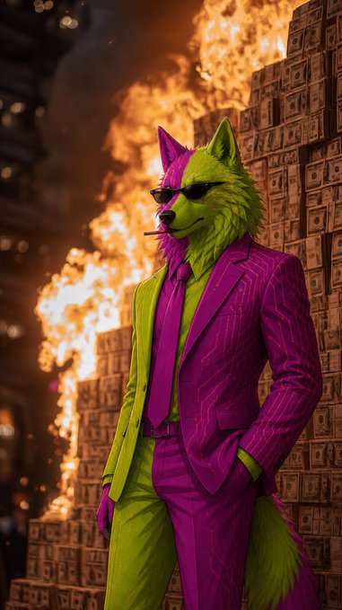 An anthropomorphic wolf character wearing sunglasses and a vibrant magenta and green pinstripe suit stands before a backdrop of burning stacks of money.