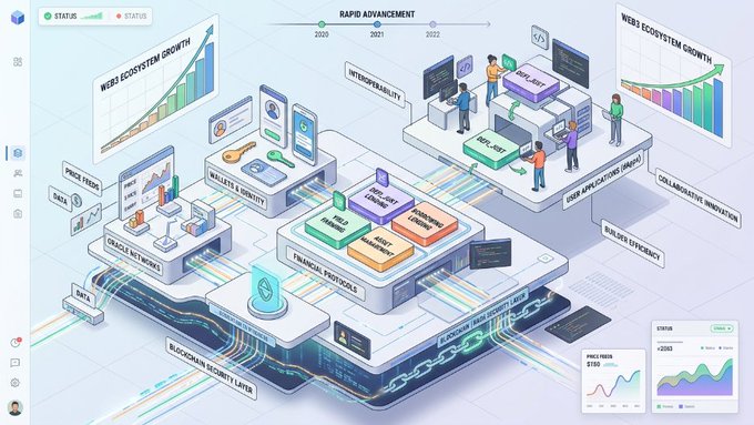 Isometric 3D illustration depicting a 'WEB3 ECOSYSTEM GROWTH' timeline and various interconnected platforms including 'DECENTRALIZED FINANCE', 'FINANCIAL PROTOCOLS', and 'DEVELOPER TOOLS'.