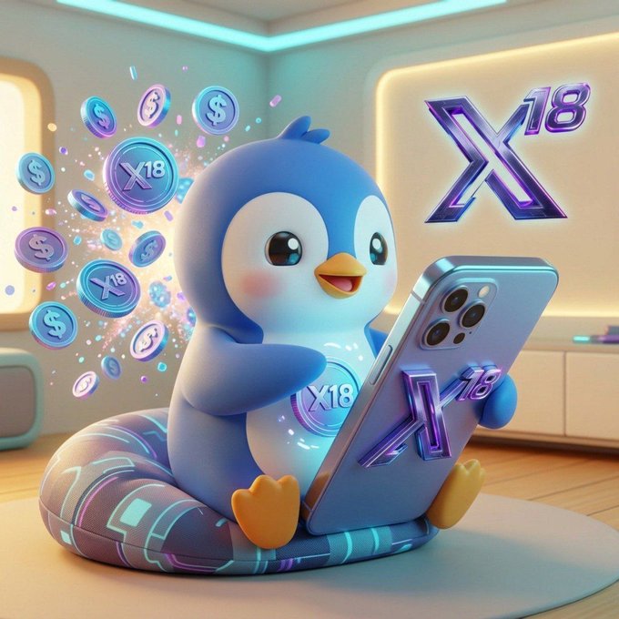 A cheerful cartoon penguin sits holding a smartphone displaying the "X18" logo, surrounded by floating coins marked "X18" and "$" symbols, with a large illuminated "X18" sign in the background. The image visually reinforces the post's message about $X18's sustainable tokenomics by showcasing its branded tokens, scarcity, and tech-forward AI trading identity.