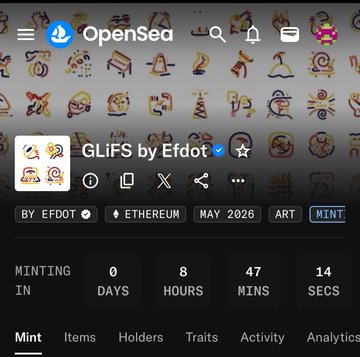 The image shows an opensea app with a list of icons displayed, including icons for Glifs by Efdot, Etherium, and May 2026. The icons are arranged in a grid format, making them easy to view and compare. The text on the screen indicates that these icons can be used as payment methods or for tracking time spent on certain activities.