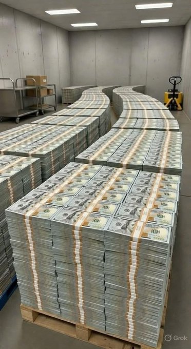 Stacks of banded $100 bills arranged in serpentine rows across a warehouse, with a pallet jack and utility cart in the background. The image visually represents "Option A: Cash," showcasing the physical volume required to store significant wealth in paper currency compared to the more compact alternatives of gold, Bitcoin, or real estate.