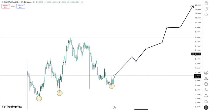 The image is a TradingView weekly candlestick chart of SUI/USDT on Binance, showing a current price around $0.89 and highlighting two key support lows near $0.3500 and $0.8500 with yellow circles, alongside a hand-drawn bullish projection arrow targeting $23.54. This visually supports the post's claim of a "generational entry" by illustrating SUI's historical accumulation zones and mapping out an ambitious upside target tied to its TPS and institutional adoption narrative.