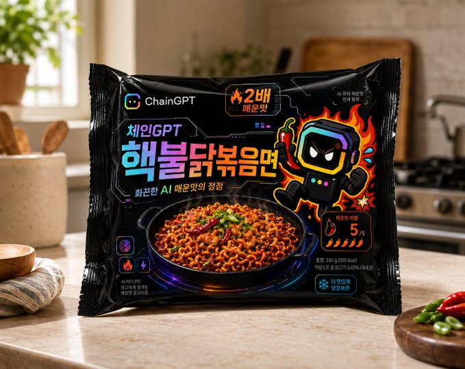 A package of "ChainGPT 핵불닭볶음면" (spicy fire chicken noodles) sits on a kitchen counter, featuring a fiery robot mascot and a steaming bowl of noodles, perfectly matching the "GM, let's go spicy today" post by showcasing a bold, heat-packed meal to start the day.