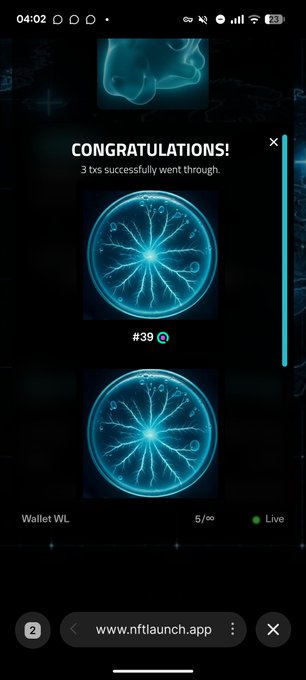 A phone screen shows a successful mint confirmation on nftlaunch.app displaying "CONGRATULATIONS! 3 txs successfully went through" with two glowing blue radial NFT designs, numbered "#39" and "5/∞ Wallet WL • Live."