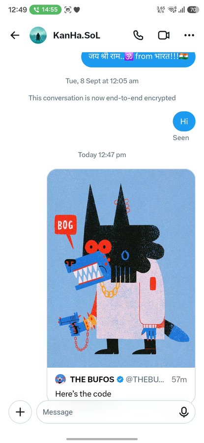 A screenshot of a Signal messenger conversation with 'KanHa.SoL' where the user sends a 'Hi' message, and the contact posts a message 'Here's the code' containing an illustration of a wolf-like character holding a blue gun and wearing gold chains.