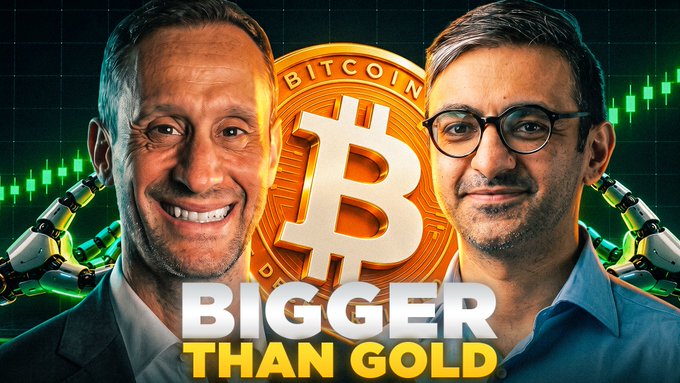 The image is a promotional thumbnail featuring two men flanking a large golden Bitcoin coin, with the bold text "BIGGER THAN GOLD" displayed prominently at the bottom, and robotic hands visible in the background. The post's theme of "$10 Million Bitcoin" aligns with the bold "Bigger Than Gold" message, suggesting the featured discussion makes the case for Bitcoin's massive future valuation.