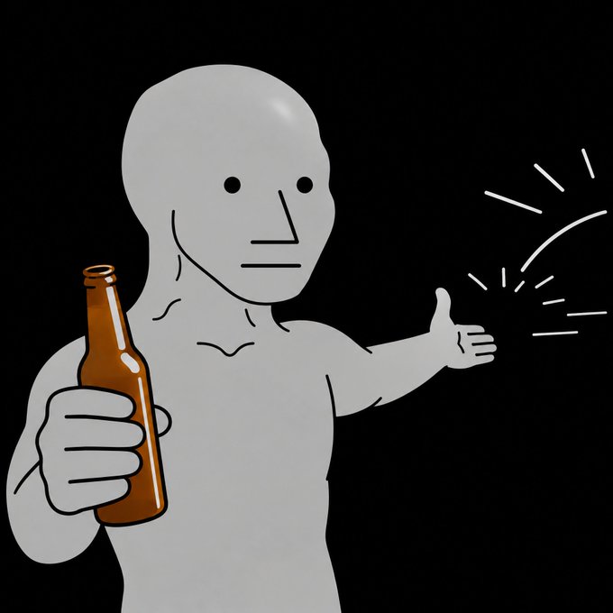 A simple cartoon illustration of a gray, faceless humanoid figure holding a brown bottle in one hand while extending the other hand outward, with white lines suggesting a greeting or offering gesture against a black background.