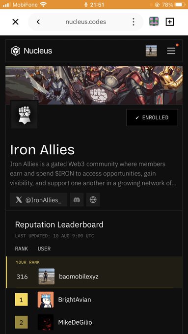 A mobile screenshot of the Nucleus website showing the 'Iron Allies' Web3 community page, with an 'ENROLLED' button and a 'Reputation Leaderboard' listing user 'baomobilexyz' at rank 316.