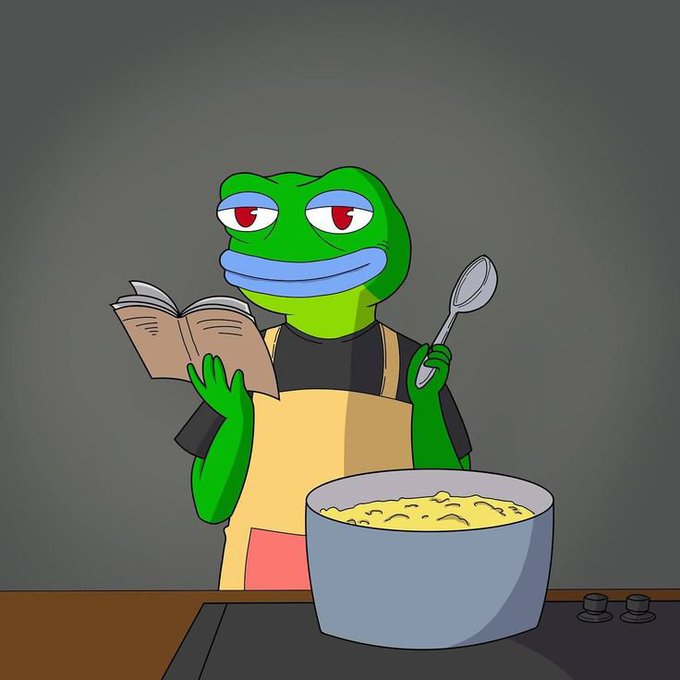 A green Pepe the Frog character wears an apron and holds a recipe book and spoon while cooking food in a pot, likely preparing a late-night meal before signing off for the evening.