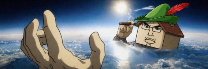The image is a creative reinterpretation of Michelangelo's "Creation of Adam," featuring a giant hand reaching out from the clouds on the left, while on the right, a stern-faced character wearing a green Robinhood-style hat with a red feather floats in the sky holding a cigar. This whimsical banner plays on the $CHUDINHOOD token's branding, merging classical art with crypto meme culture.