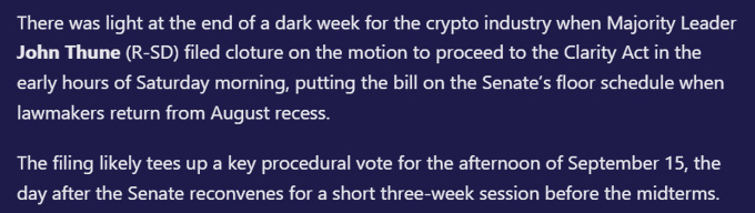 A screenshot of an article excerpt reporting that Senate Majority Leader John Thune (R-SD) filed cloture on the motion to proceed to the Clarity Act, setting up a key procedural vote for September 15 after the Senate reconvenes from August recess. The image aligns with the post's update on CLARITY's September timeline as the SEC begins its own crypto rulemaking.