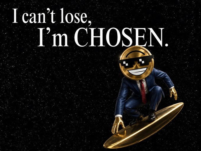 The image features a stylized character with a golden smiley-face emoji wearing pixelated sunglasses and a business suit, crouched on a large gold coin against a starry black background. Bold white text above reads: "I can't lose, I'm CHOSEN."