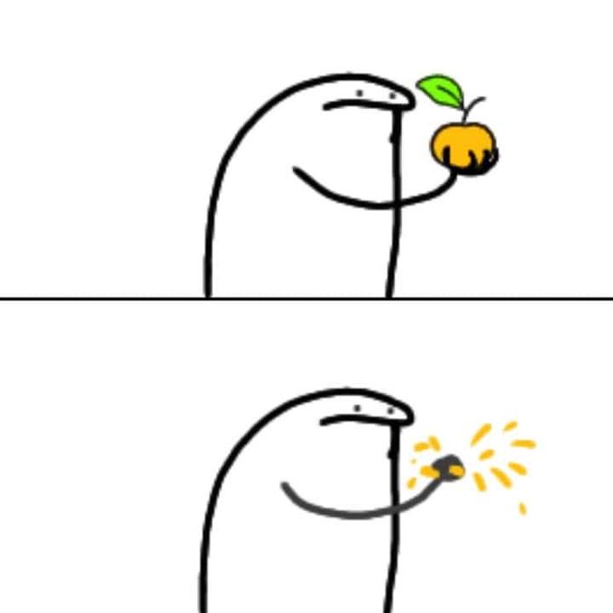A two-panel meme shows a simple cartoon character holding and examining an apple (or orange-like fruit) in the top frame, then snapping it in half with a burst of energy in the bottom frame—visually representing "mogging" or overpowering, which ties into the post's boast that "My dev mogs your dev" in reference to $SQUEEZE.