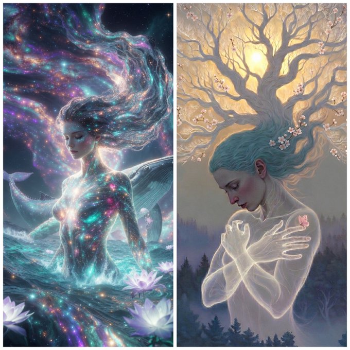 The image features two paintings of women, one with long hair and the other with short hair. The woman with long hair appears to be a mermaid or fairy-like figure, while the woman with short hair seems to be a human figure. Both paintings are set against a dark background, which emphasizes their subjects. The post reads: "Morning Happy friday Guardian of the Sacred Waters 9 ed left ■ 6.66 xtz ◇◇◇◇◇◇◇◇◇◇◇◇◇◇◇◇◇◇◇◇◇◇◇◇◇◇◇◇◇◇◇