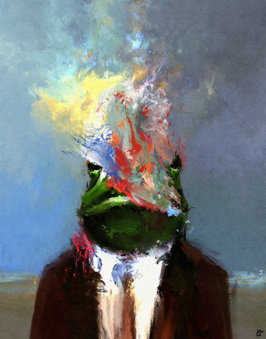 A painterly portrait artwork featuring a figure with a face obscured by vibrant, abstract splashes of green, yellow, red, and blue paint, wearing dark clothing.
