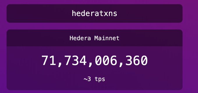 A purple dashboard display for 'hederatxns' showing 'Hedera Mainnet' with a value of 71,734,006,360 and a processing speed of ~3 tps.