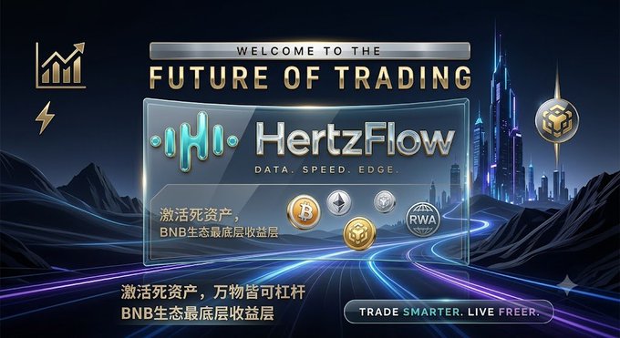 A promotional banner for 'HertzFlow' trading platform with text 'WELCOME TO THE FUTURE OF TRADING,' 'DATA. SPEED. EDGE.,' 'TRADE SMARTER. LIVE FREER,' and Chinese text referencing BNB ecosystem yields, featuring logos for Bitcoin, Ethereum, and RWA.