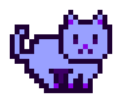 A pixel art image of a light purple cat with darker purple ears, nose, and paws on a black background.