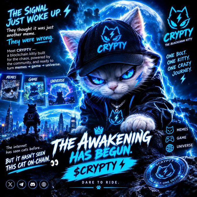 A promotional graphic for a cryptocurrency called '$CRYPTY' featuring a white kitten wearing a black cap and jacket, with text including 'THE SIGNAL JUST WOKE UP', 'MEET CRYPTY', and 'THE AWAKENING HAS BEGUN'.