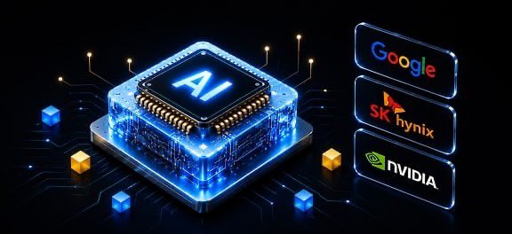 A digital graphic showing an AI processor chip alongside the logos for Google, SK hynix, and NVIDIA against a dark background with circuit board elements.