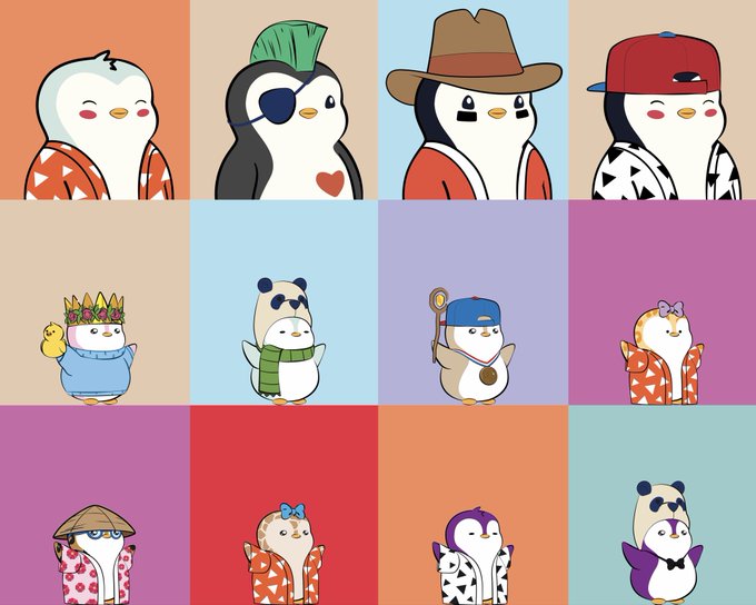 A grid of twelve cute cartoon penguin characters wearing various hats and outfits, including a cowboy hat, baseball cap, and a flower crown.