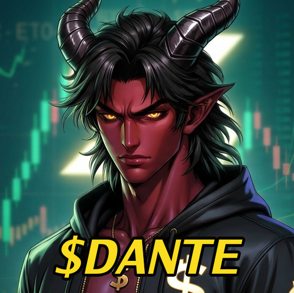 Anime-style illustration of a red-skinned demon character with black horns and a black hoodie, set against a green candlestick chart background, with the text '$DANTE' in yellow at the bottom.