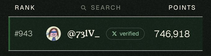 A leaderboard entry shows user "@731V_" ranked #943 with 746,918 points and a verified status, likely referencing their standing on a crypto or Web3 platform like Galxe or Layer3, aligning with the post's casual crypto-community tone of "gm" and "ngmi."