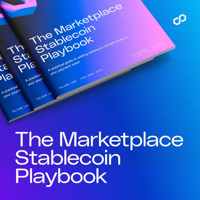 The image showcases a cover of "The Marketplace Stablecoin Playbook," subtitled "A practical guide to adding stablecoin infrastructure to your payment stack," published by Polygon Labs in collaboration with Open Money and Strx, displayed as stacked booklets against a vibrant blue and purple gradient background. The cover visually reinforces the post's message about how marketplaces and gig platforms can leverage stablecoin technology—built on infrastructure like Polygon—to transform costly, inefficient payout systems for paying sellers at scale.