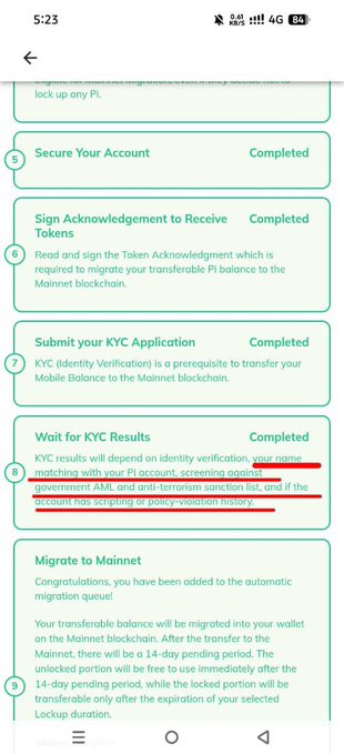 This image shows the steps for KYC results in Pi Network, stating that KYC results depend on identity verification, government screening, and any policy violation history of the account. This relates to the accompanying post by highlighting the importance of policy compliance for successful KYC and migration.