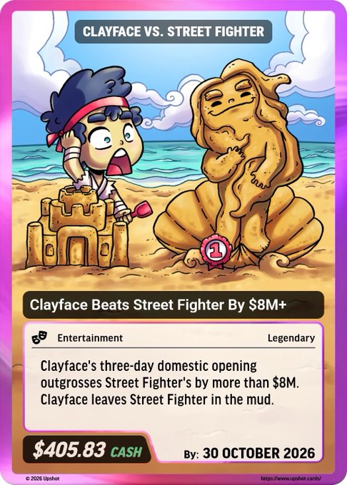 A digital trading card from Upshot titled 'Clayface vs. Street Fighter' reporting that Clayface's opening outgrossed Street Fighter's by $8M+, priced at $405.83 with a date of 30 October 2026.