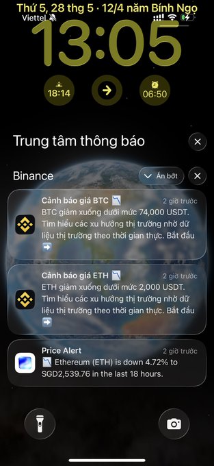 The image shows a phone screen displaying a clock with time information, including the current time of 13:05 and the time displayed as 13:05. The background of the image is black, making the clock stand out prominently. There are several buttons on the screen that appear to be related to the crypto market or cryptocurrency trading.