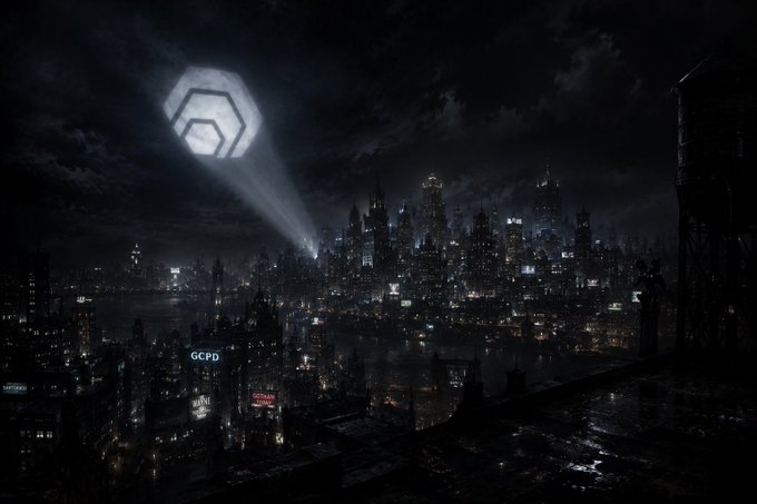 A dark, atmospheric image of a cityscape at night features a glowing Bat-Signal projected through clouds onto the skyline, with 'GCPD' visible on a building below.