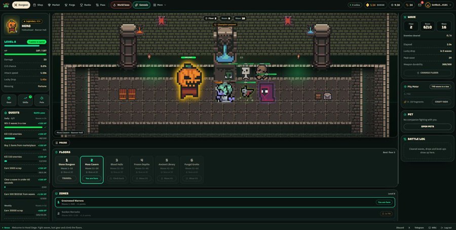 A screenshot of a dungeon-themed Web3 game dashboard showing a character hero named 'Hero,' statistics, and various game options in a dark interface.