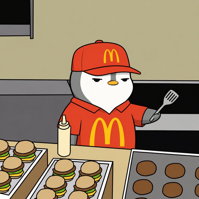 A cartoon penguin wearing a red McDonald's cap and shirt holds a spatula in a kitchen with trays of burgers and a grill of patties in front of it.