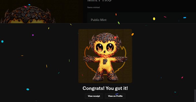 A colorful confetti-filled "Congrats! You got it!" NFT mint success screen displays a fiery orange cartoon monkey character named "Pyro" with a letter "P" on its chest, featuring "Public Mint" interface elements and buttons to "View receipt" or "View on Profile." This celebrates the user successfully minting an OthersideMeta "Pyro" NFT on the Blaze platform, matching the post's excitement about the cute character design.