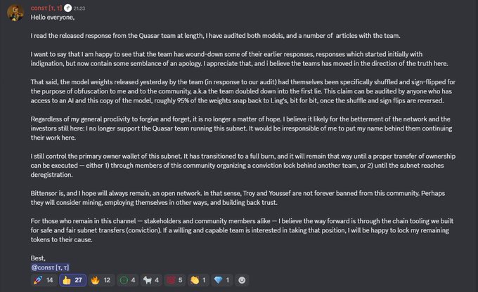 A Discord message posted by "const[t.t]" (timestamped 1:23) under the "General" channel contains a lengthy statement addressing the community regarding the Quasar team audit, explaining that 95% of the model weights were identical to a prior version with only the sign-flips and weights shuffled, and expressing that const no longer supports the Quasar team's continued operation under SN24 on the Bittensor network.