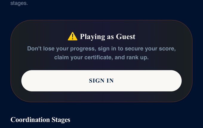 The image shows an error message from a gaming website, possibly for a game called @arc_quiz. The message displays instructions for users who have signed up for the game, stating that they must sign in before playing. It also mentions that there are stages available for players to progress through and claim their certificate or rank up.