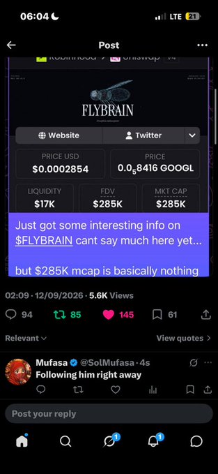 A screenshot of a social media post about a token called "FLYBRAIN" displaying prices in USD and GOOGL, market cap of $285K, and a comment from "Mufasa @SolMufasa - 4s".