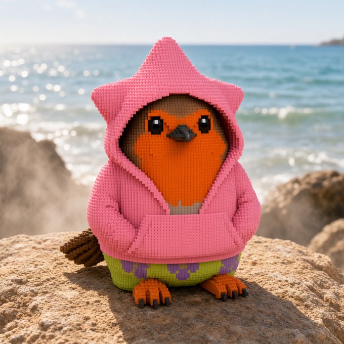 A LEGO sculpture of a robin wearing a pink hooded robe sits on a rock at the beach, with the ocean and waves in the background.